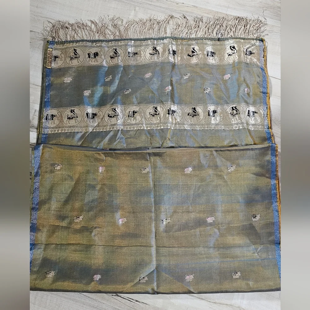 Handwoven Banarasi Pure Silk Indian Scarf Blue Gold Metallic Border